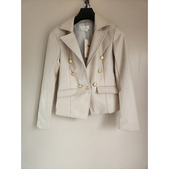 NWT By Anthropologie Nico Faux Leather Double Breasted Blazer Size XXS Ivory - Picture 2 of 9